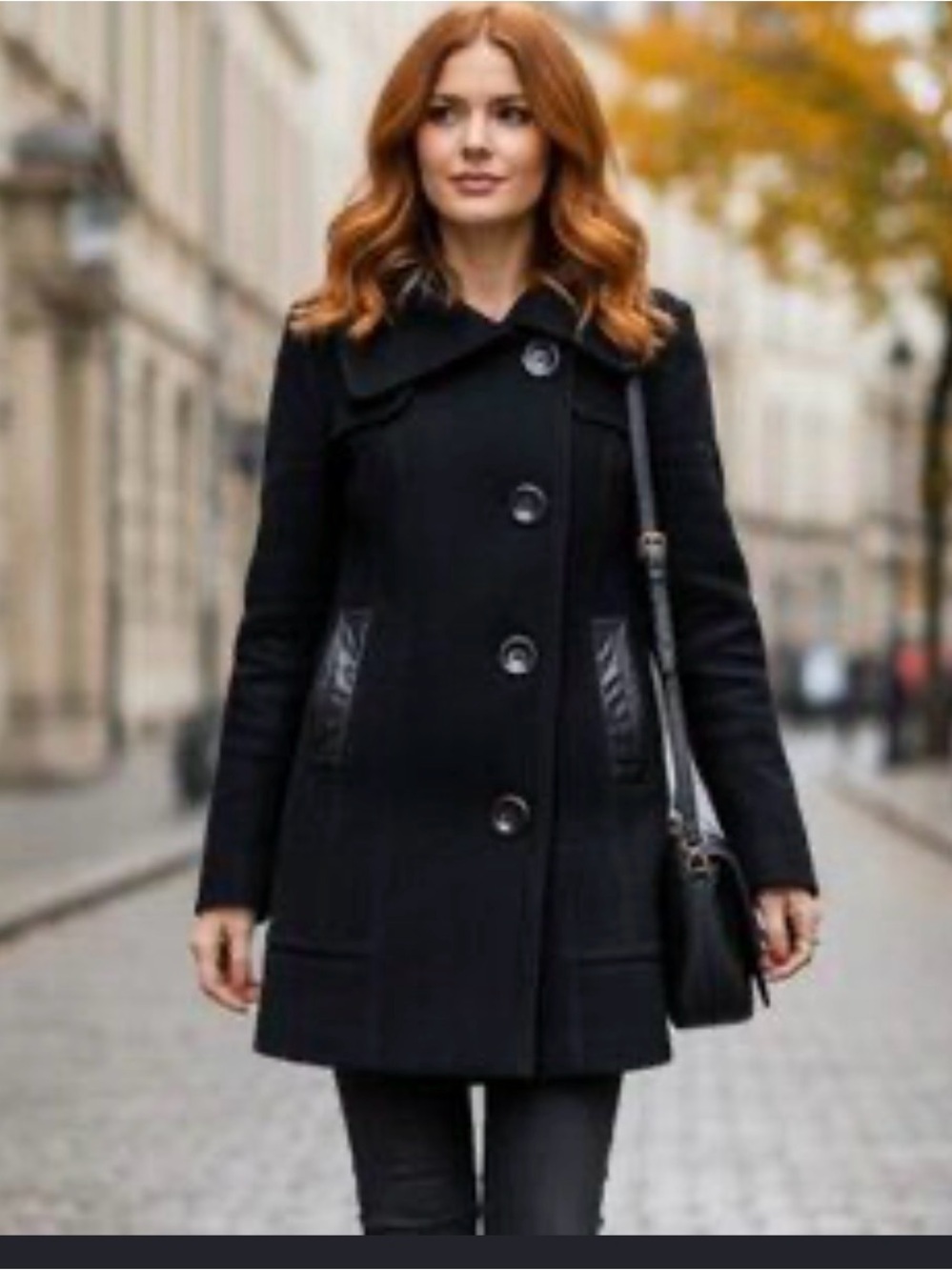 Mackage Black Women's Pea Coat with Leather-Trim Pockets